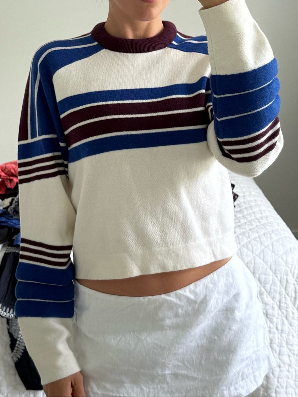 KULE Cream, Blue & Burgundy Striped Crewneck Sweater
